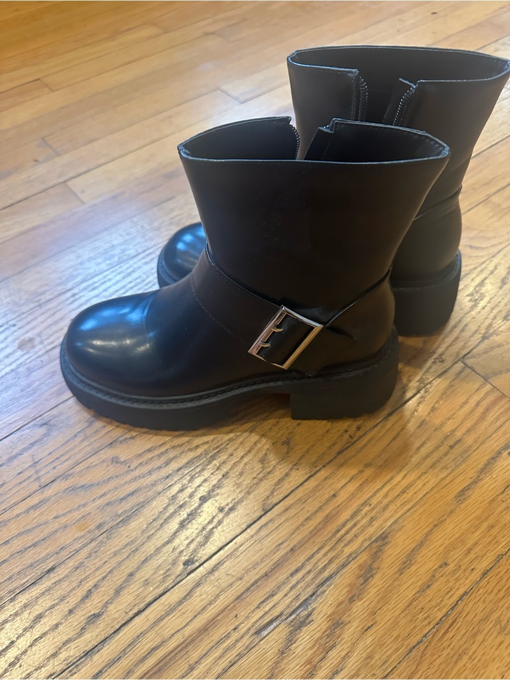 Lulu's Black Leather Buckle Moto Ankle Boots